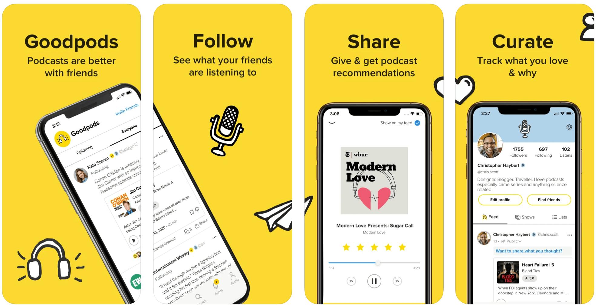 Four back-to-back screenshots of Goodpods app within a smartphone, a yellow background, and black text.