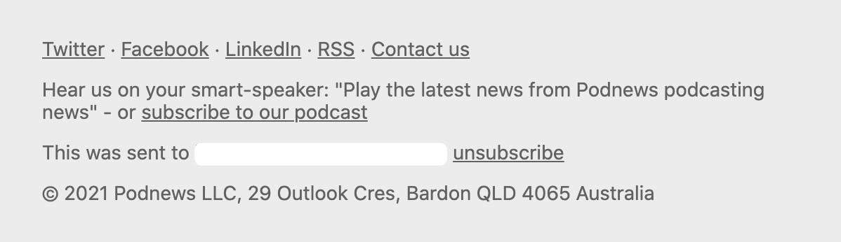 Podnews email footer showing contact information