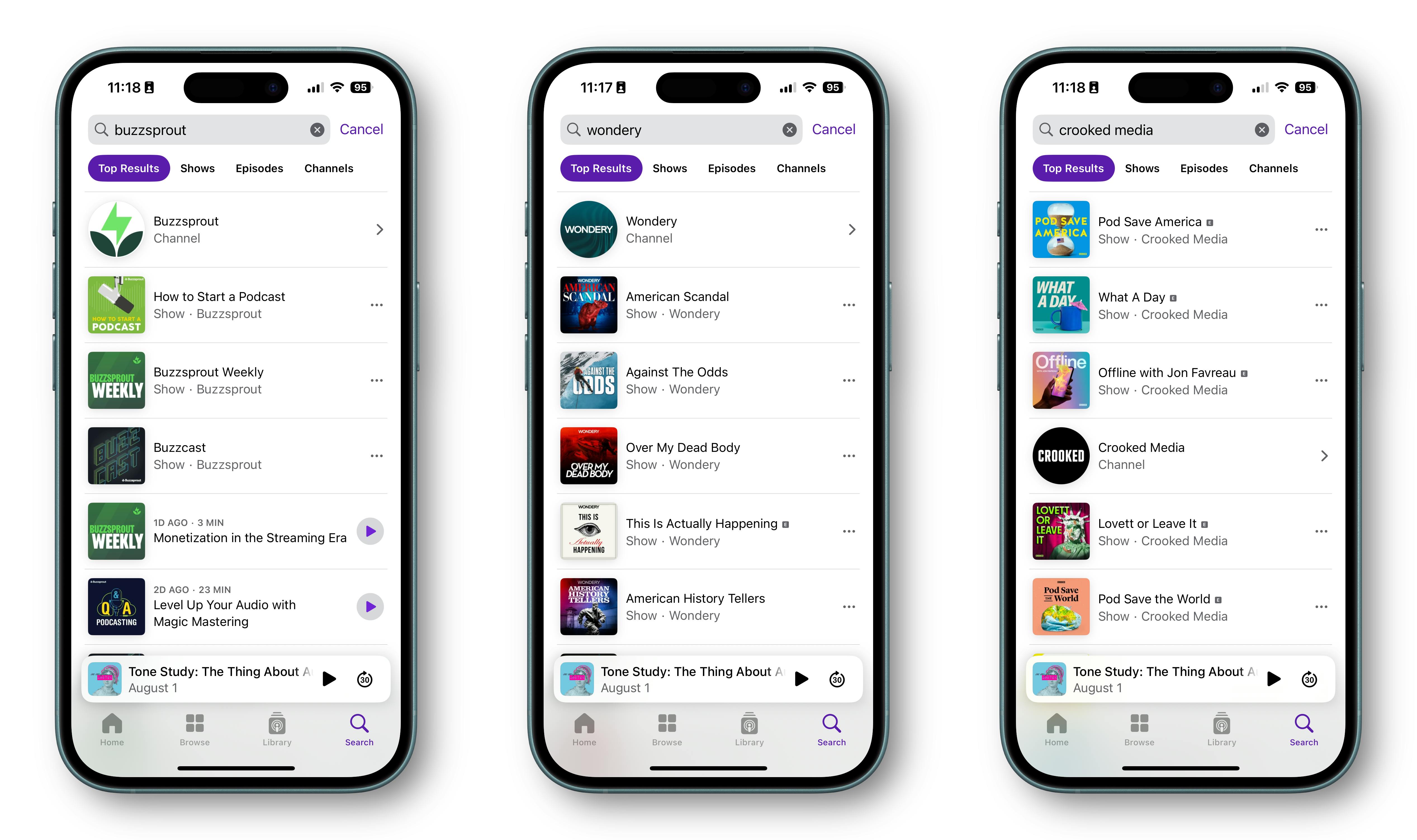Three iPhones with Apple Podcasts Search Results 