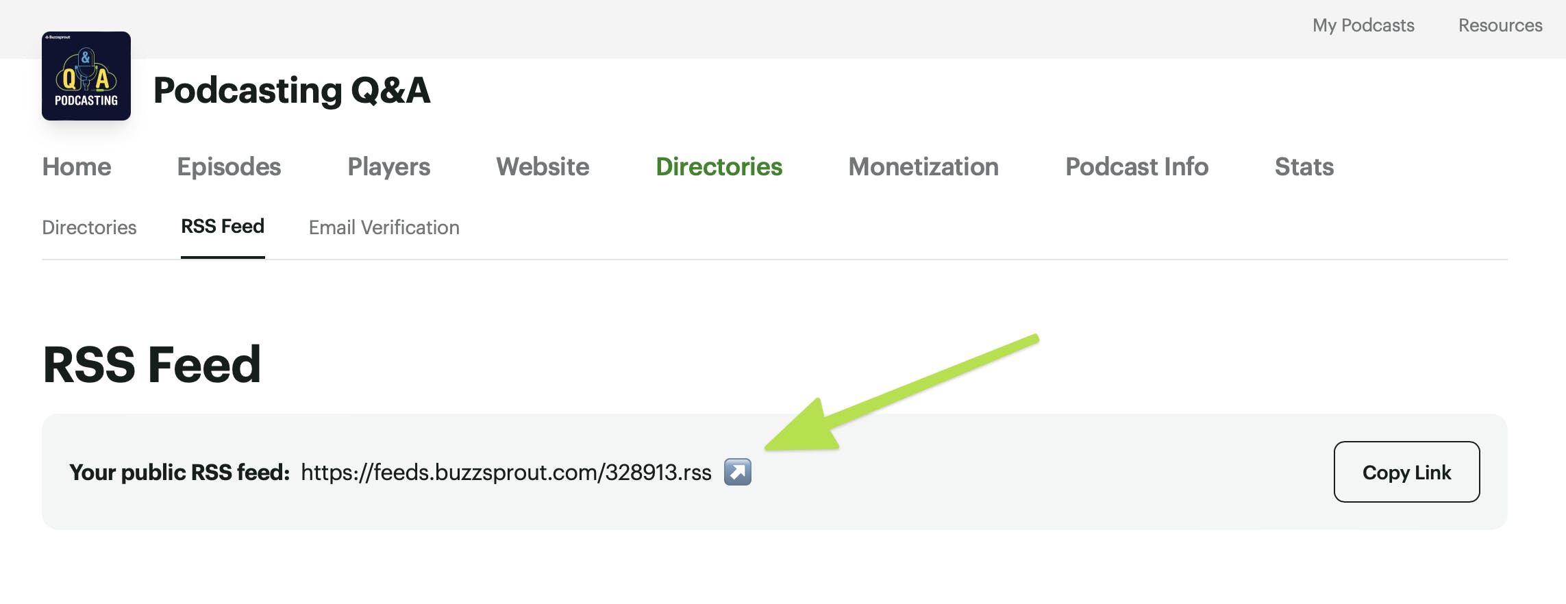 RSS feed under the Directories tab in Buzzsprout account